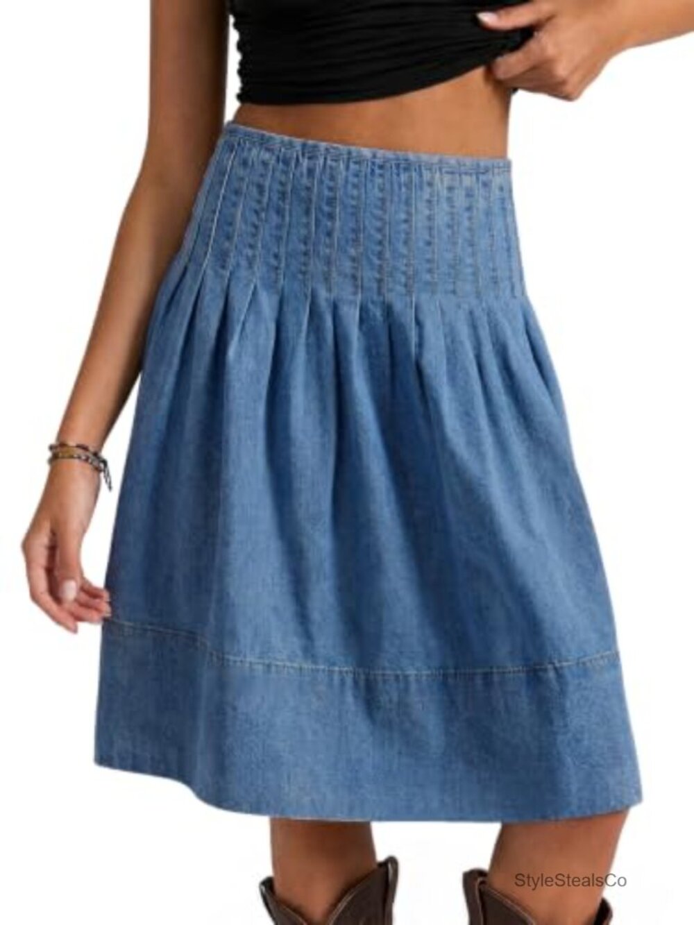 Pleated Denim Midi Skirt High Waisted A-Line Knee Length Casual